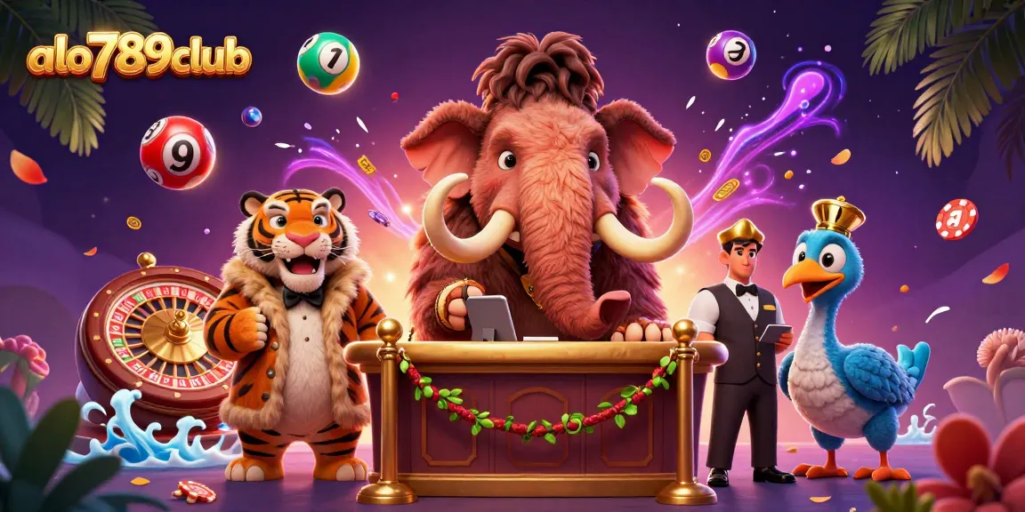 Experience excitement at alo789club with a vibrant scene featuring a woolly mammoth bouncer, saber-tooth tiger guest, and dynamic gaming elements.