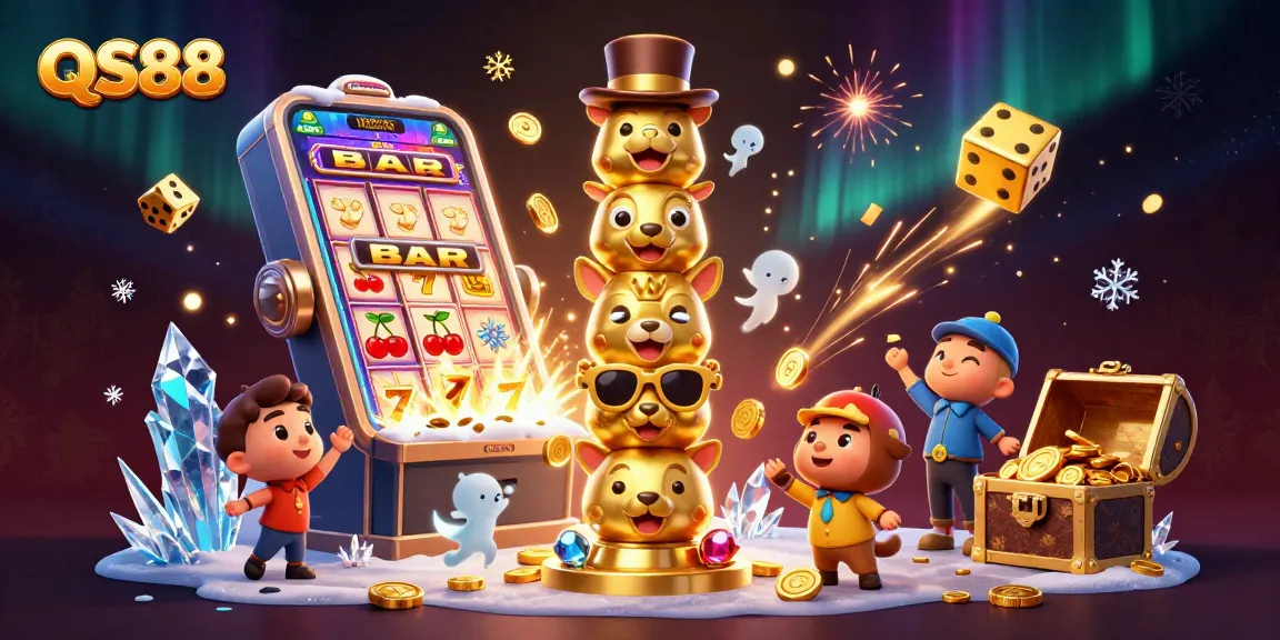 Win big at QS88 with vibrant 3D gaming illustrations showcasing exciting casino elements.