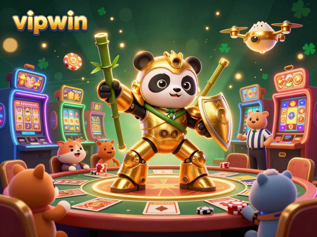 Engage with vibrant vipwin casino action filled with a golden panda in a mech-suit amidst slot machines and poker chips.