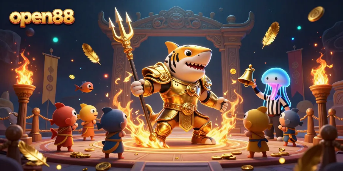 Engage with open88's thrilling underwater casino scene featuring a tiger shark champion and vibrant animated elements.