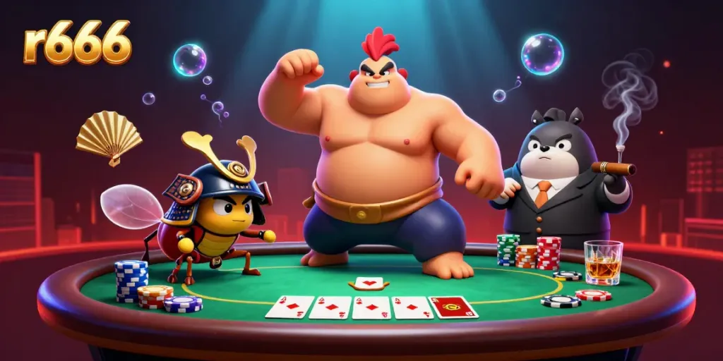 Engage in thrilling poker action at r666 with the sumo rooster, samurai cricket, and tanuki announcer.