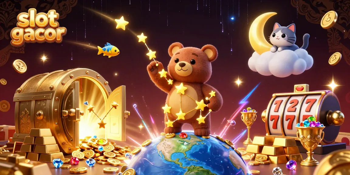 Engage with slot gacor visuals as a celestial bear blends gaming with dreams amidst treasure.