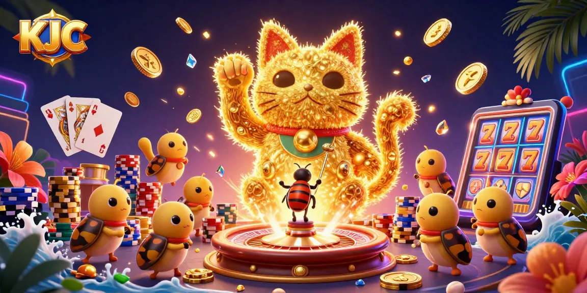 Engage with KJC's vibrant lucky cat casino illustration showcasing thrilling gaming elements.