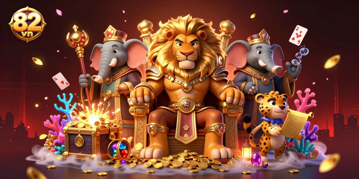 Engage in thrilling adventures with 82 vn and a lion king amidst gold treasures and colorful casino elements.