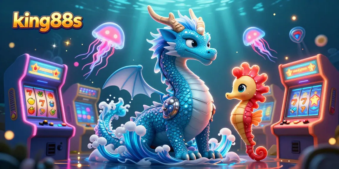 Engage with king88s, featuring a vibrant underwater scene of a dragon, seahorse, and slot machines.