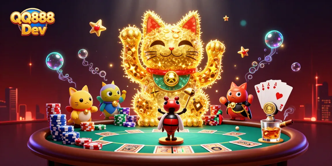 Experience luck and excitement with QQ888 Dev's stunning casino illustration featuring a lucky cat.