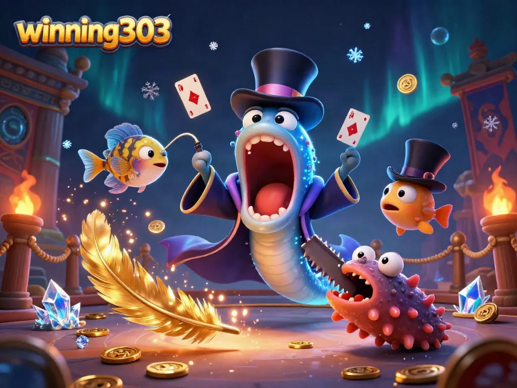 Winning303 features a magical scene with characters performing tricks amidst a vibrant casino atmosphere.