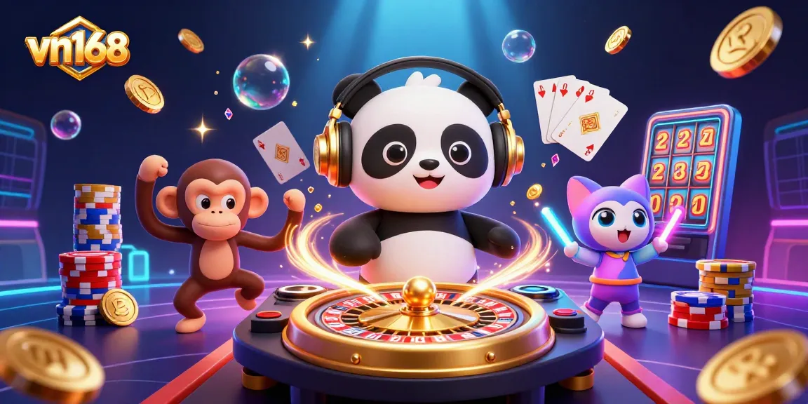Experience exhilarating gaming with vn168 featuring a vibrant DJ panda and breakdancing monkey in an exciting casino scene.