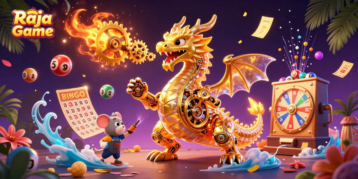Raja Game features a dynamic casino scene with golden dragon and colorful lottery elements.