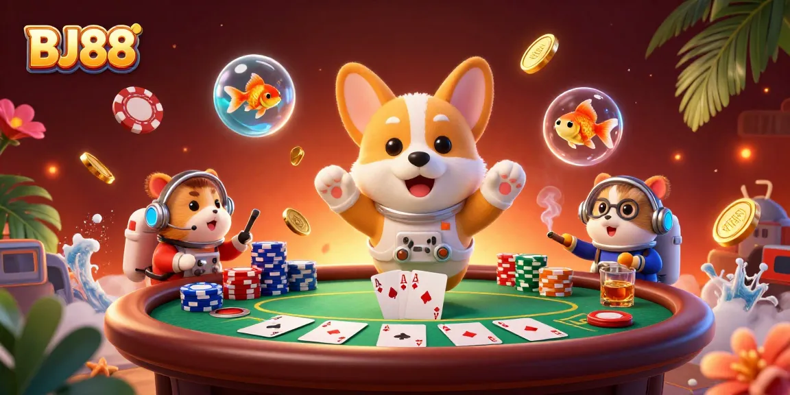 Experience the excitement of BJ88 with a dynamic 3D casino illustration featuring playful characters and vibrant game elements.