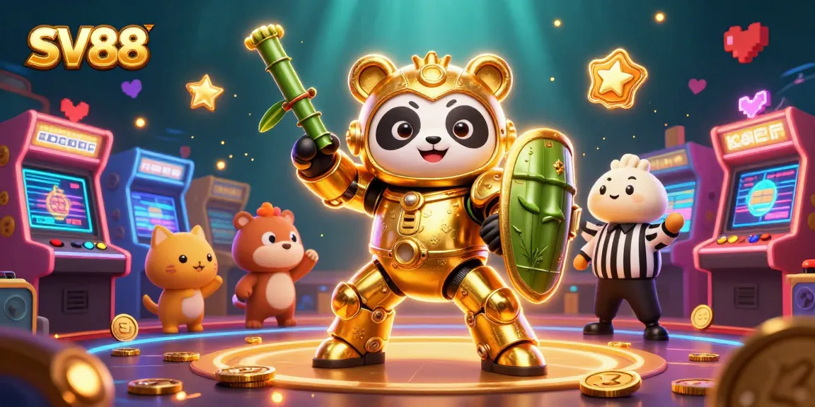 Engage in the excitement of SV88 casino gaming with a dynamic mech-suit panda battling in a vibrant arena.