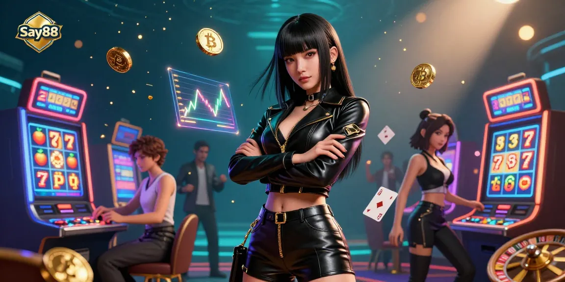 Experience the excitement of gambling with Say88 slot games in a vibrant 3D casino scene.