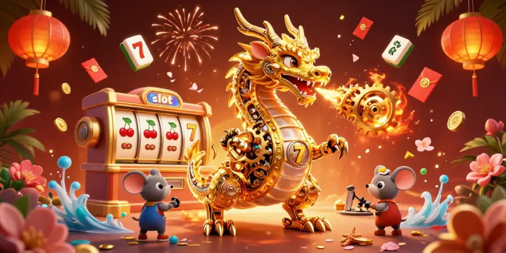 Spin the slot reels with the golden dragon in a vibrant casino scene.