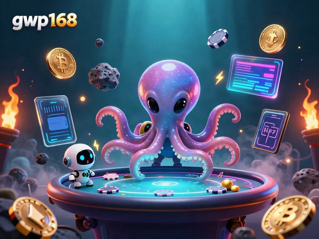 Menangkan permainan di gwp168 dengan karakter kartun alien octopus dan robot yang menikmati kasino digital.