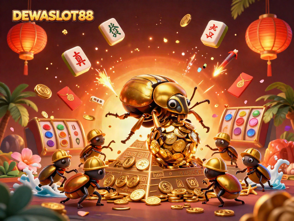 Engage with DEWASLOT88 and experience a vibrant 3D casino illustration packed with action and excitement.