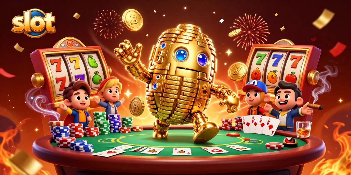 Celebrate big wins at the slot with a vibrant scene featuring a golden golem and poker elements.