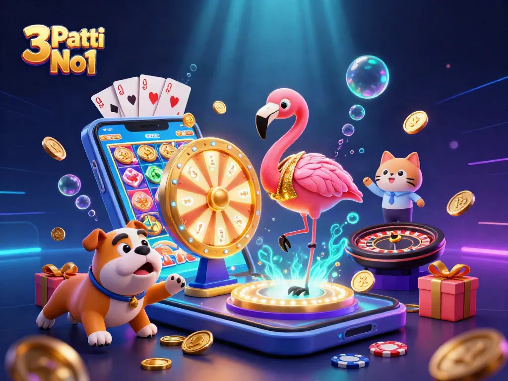 Experience the excitement of 3 Patti No1 with a vibrant cartoon scene featuring fun characters and casino elements.