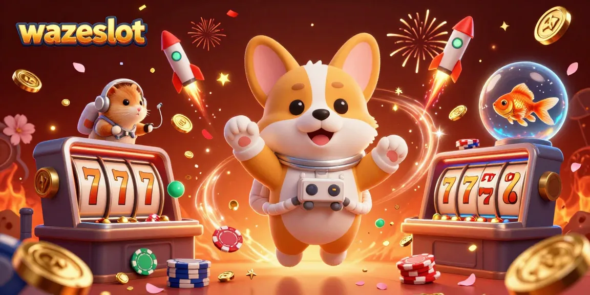 Engage with wazeslot’s vibrant casino adventure featuring a 3D astronaut corgi floating amid slot reels and colorful confetti.