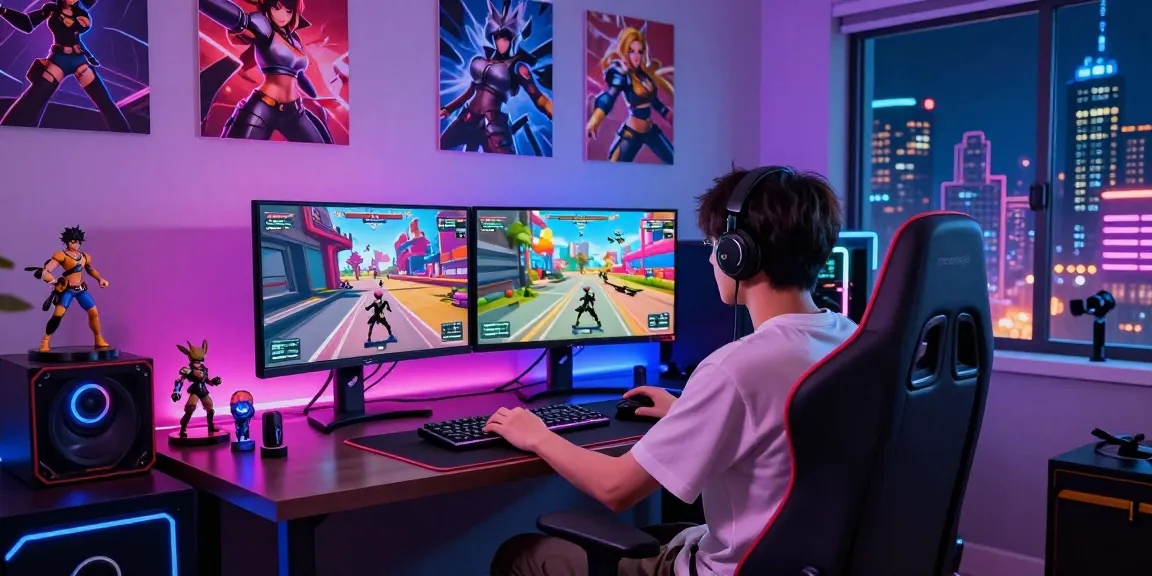 Experience the excitement of a 3D hentai game in an immersive gaming setup with neon lights and dynamic characters.