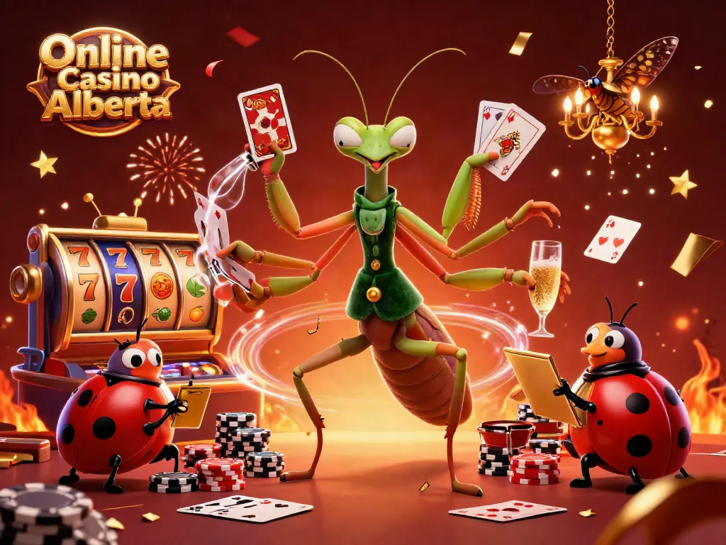 Engage in thrilling gameplay at Online Casino Alberta with a 3D cartoon depiction of a mantis dealer, ladybug pit boss, and vibrant casino elements.