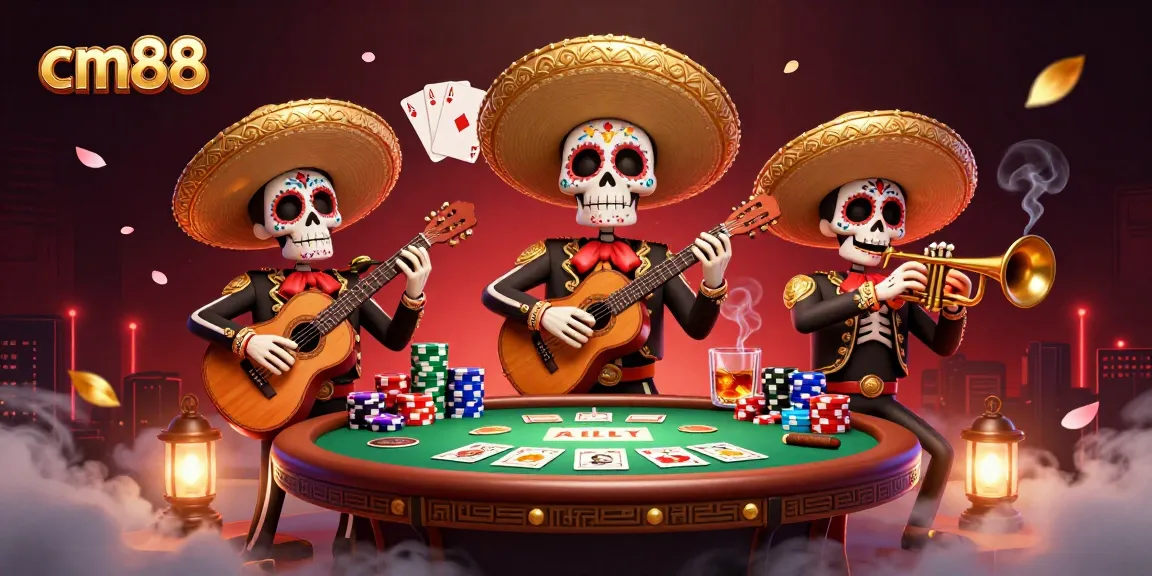Experience cm88's vibrant casino atmosphere with a lively mariachi band and poker game details.