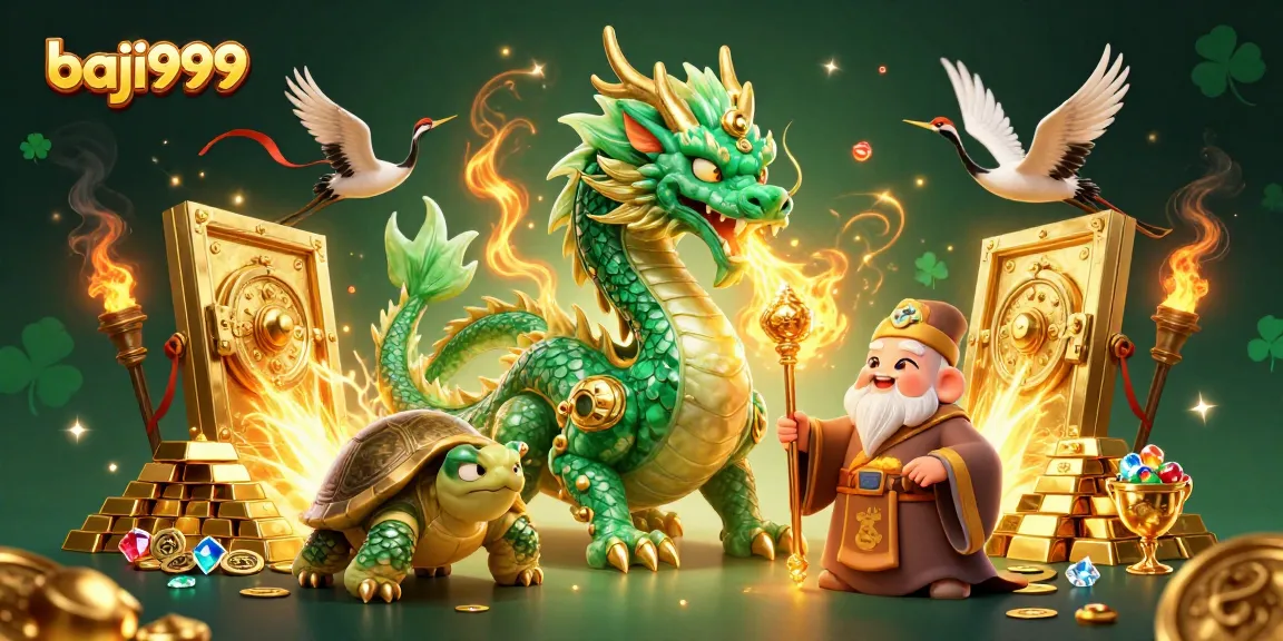 Experience thrilling gaming with baji999's vibrant 3D illustration of a jade dragon and golden treasures.