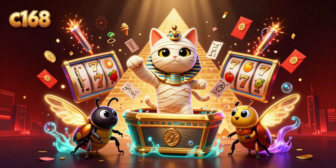 c168 engages players with thrilling slot reels in a vibrant pyramid casino scene.