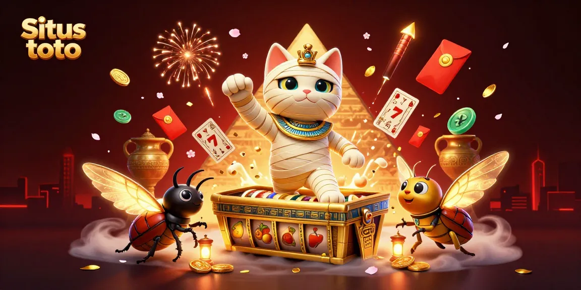 Situs toto features a vibrant illustration of a mummy cat and scarab beetle in a dynamic casino scene filled with slot reels and golden coins.