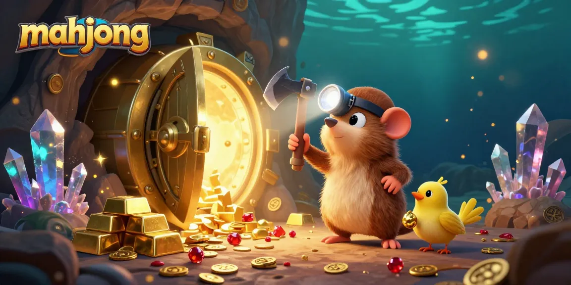 Engage with mahjong treasures in this vibrant, 3D digital illustration of a treasure hunter exploring a gem-filled cave.