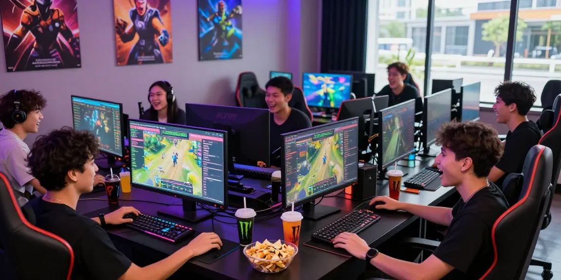 Players engaging in game bài đổi thưởng in a lively gaming lounge with snacks and LED lights.