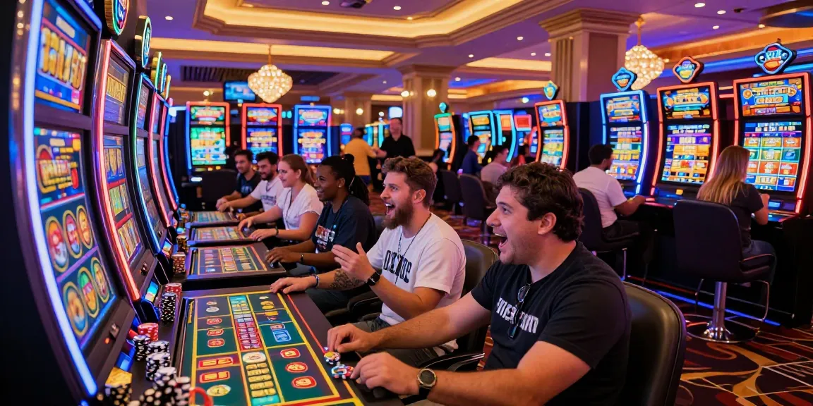 Slot gacor hari ini di kasino dengan pemain bersemangat menanti kemenangan, suasana cerah dan mengasyikkan