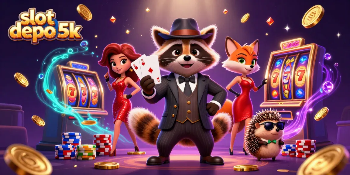 Experience the thrill of slot depo 5k with a raccoon holding a royal flush amidst cascading coins and lucky sevens.