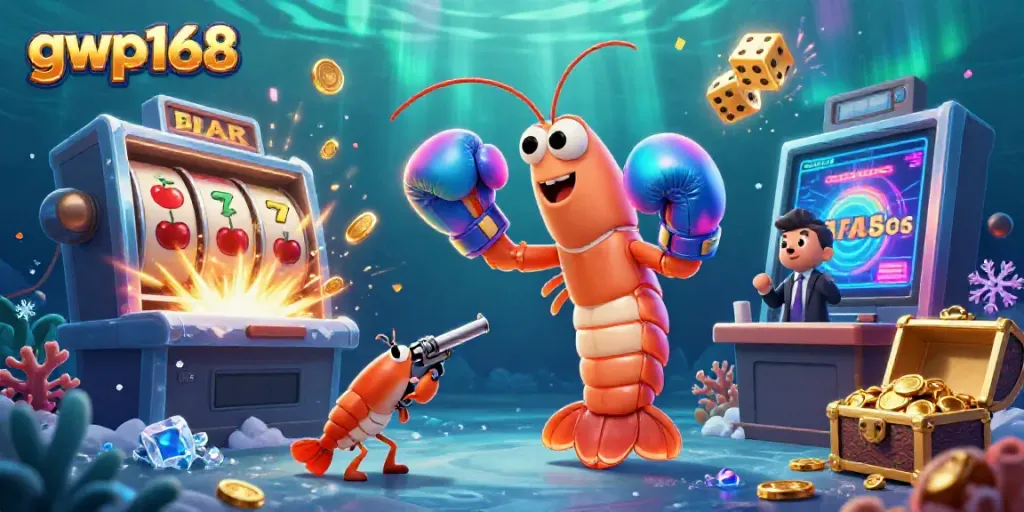 Permainan slot ganas di GWP168 dengan karakter udang mantis bertinju, simbol keberuntungan, dan mesin jackpot.