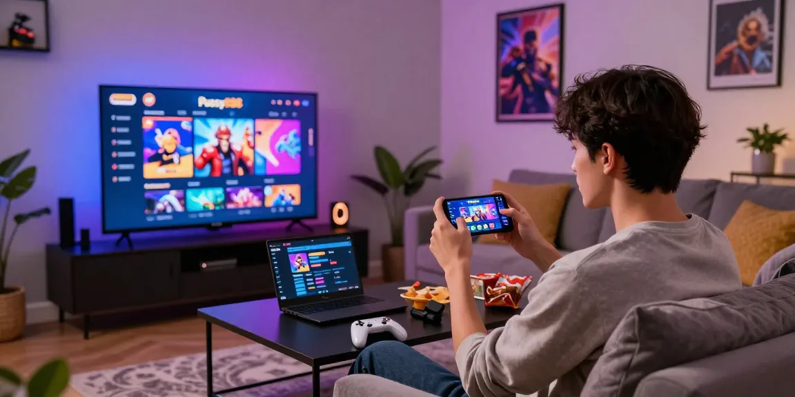 Gamer enjoying the Pussy888 app in a dynamic living room setting, showcasing modern gaming culture and lifestyle.