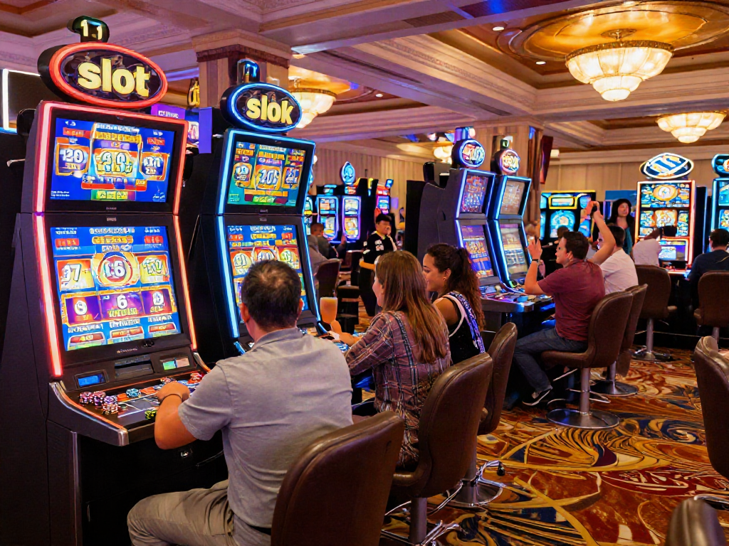 Exciting casino scene featuring slot 10k machine with players celebrating wins.