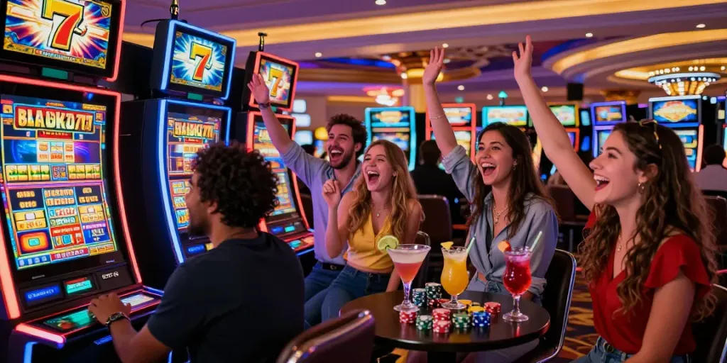 Group celebrating a big win at Lucky777 slot machine in a lively casino.