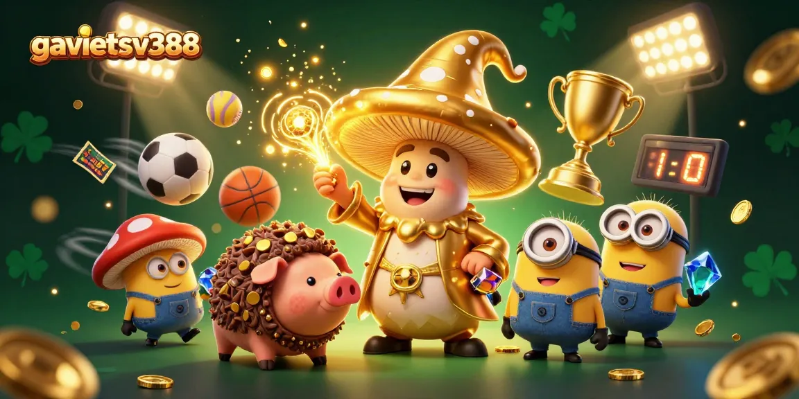 Gavietsv388 offers a thrilling casino experience with gold-rendered characters amidst dynamic slot and sports elements.