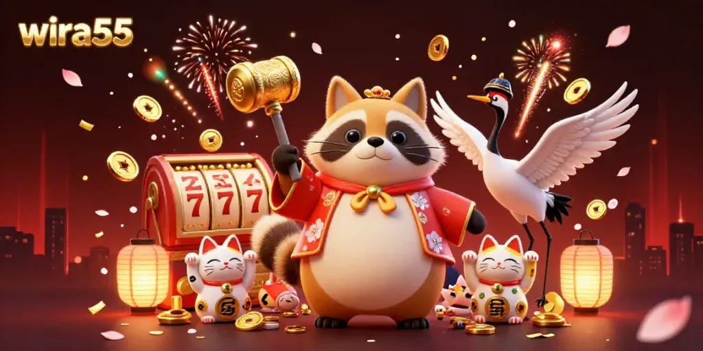 Permainan slot wira55 dengan tampilan emoji hewan gembira dan simbol keberuntungan di latar belakang