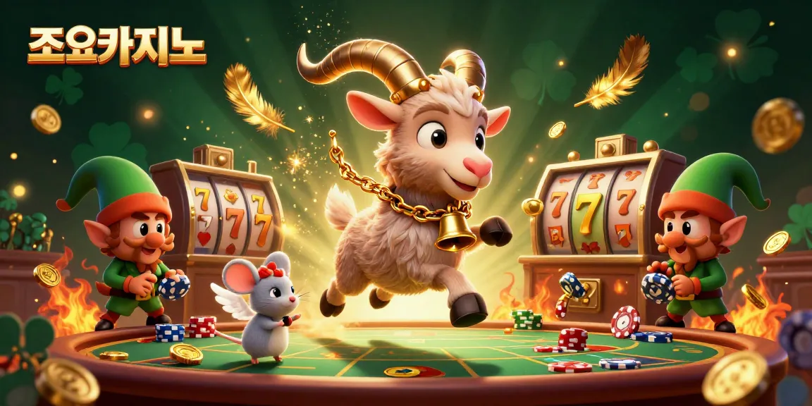 Experience the thrilling action of 조이카지노 with whimsical characters in a vibrant casino scene showcasing lively game elements.