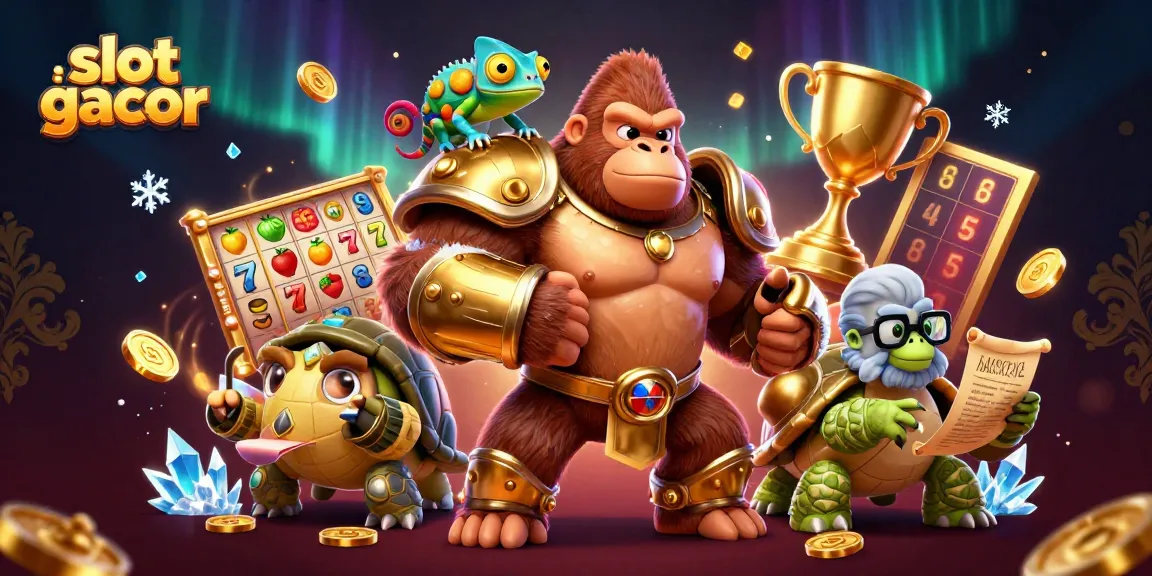 Rasakan kemenangan di slot gacor dengan ilustrasi dinamis karakter dan elemen kasino yang vibrant.