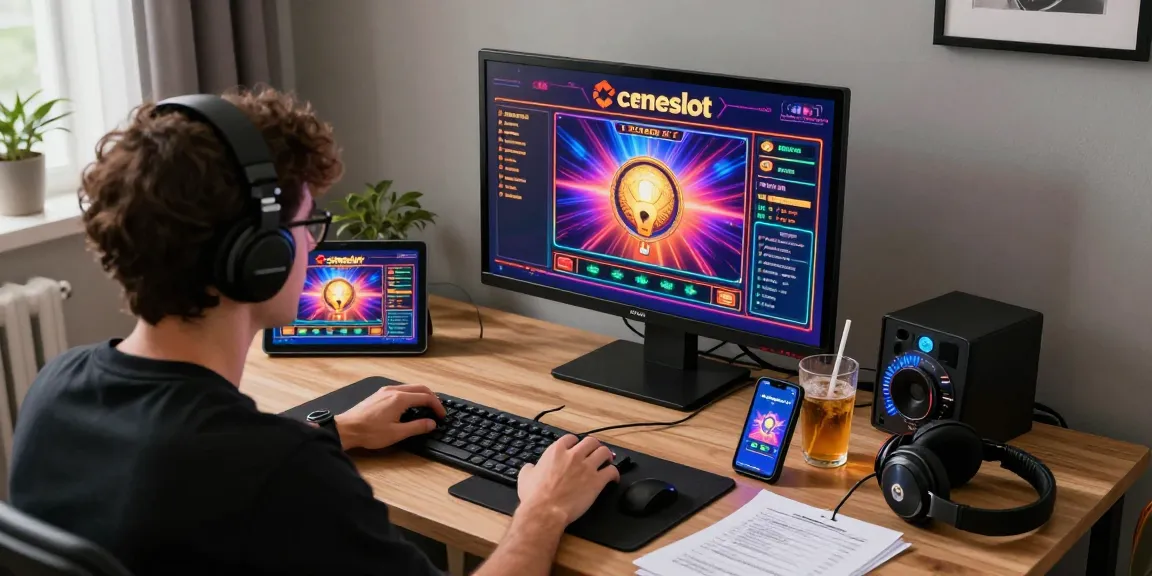 Engaged player enjoying Login Cemeslot Resmi with vibrant slot graphics and gaming devices around.