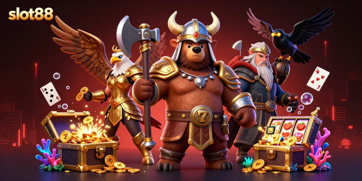 Play thrilling slot88 games with this vibrant illustration featuring Viking and eagle characters amidst energized game elements.