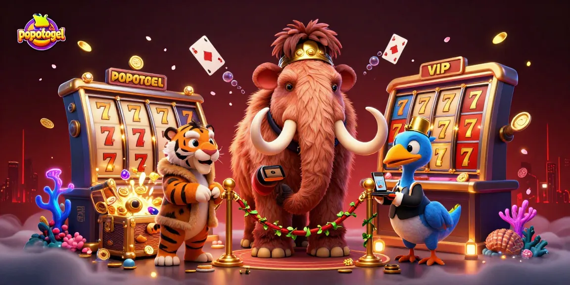 Join the action at popotogel with a lively casino scene featuring unique characters and spinning slot reels.
