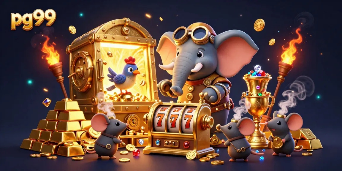 Spin and win at pg99 with a steampunk elephant operating a golden slot machine amid treasures.