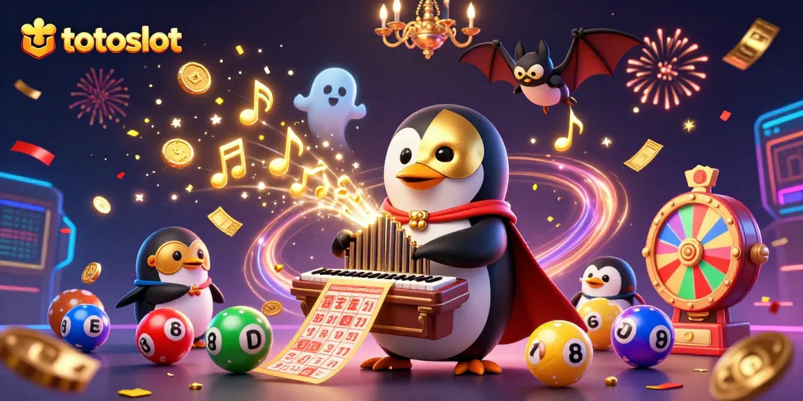 Totoslot captivates with a vibrant 3D scene of a penguin playing an organ amidst gold coins and lottery elements.