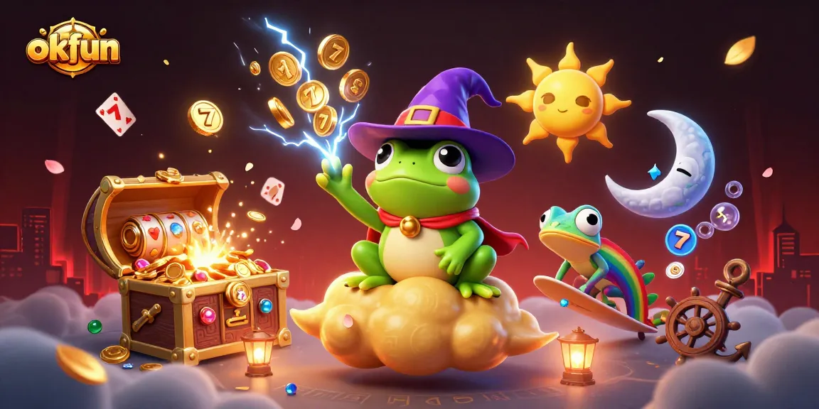 Experience okfun's thrilling adventure with a wizard frog and chameleon amidst golden casino elements.