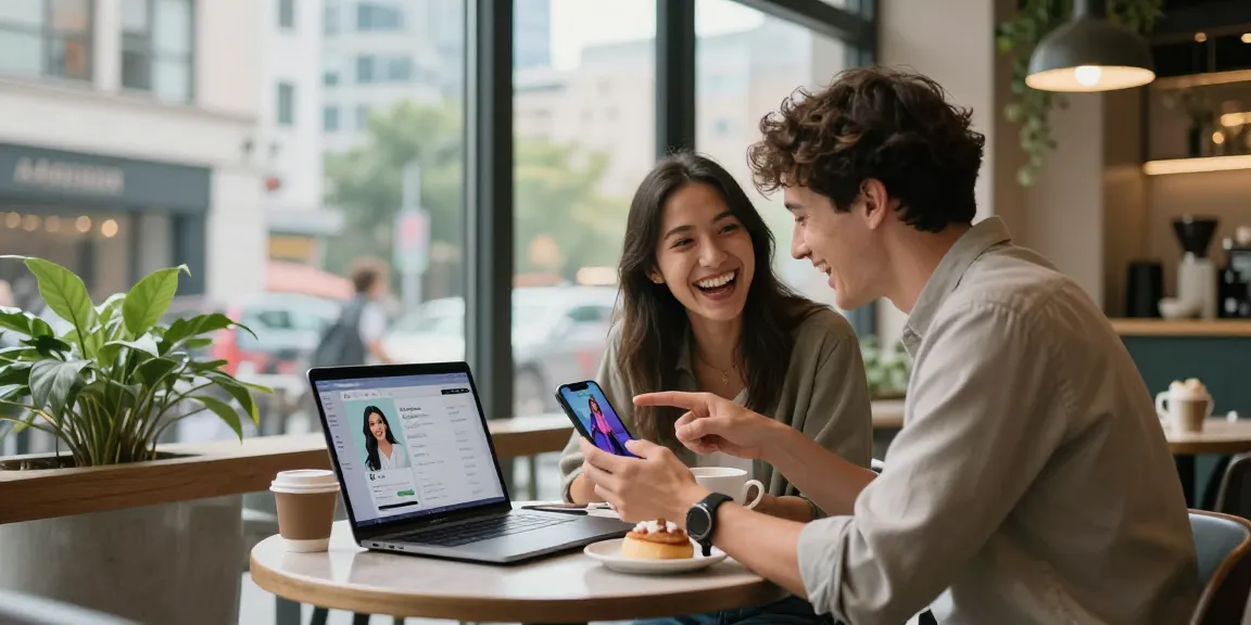 Engaging conversation about AI girlfriend apps in a modern café setting