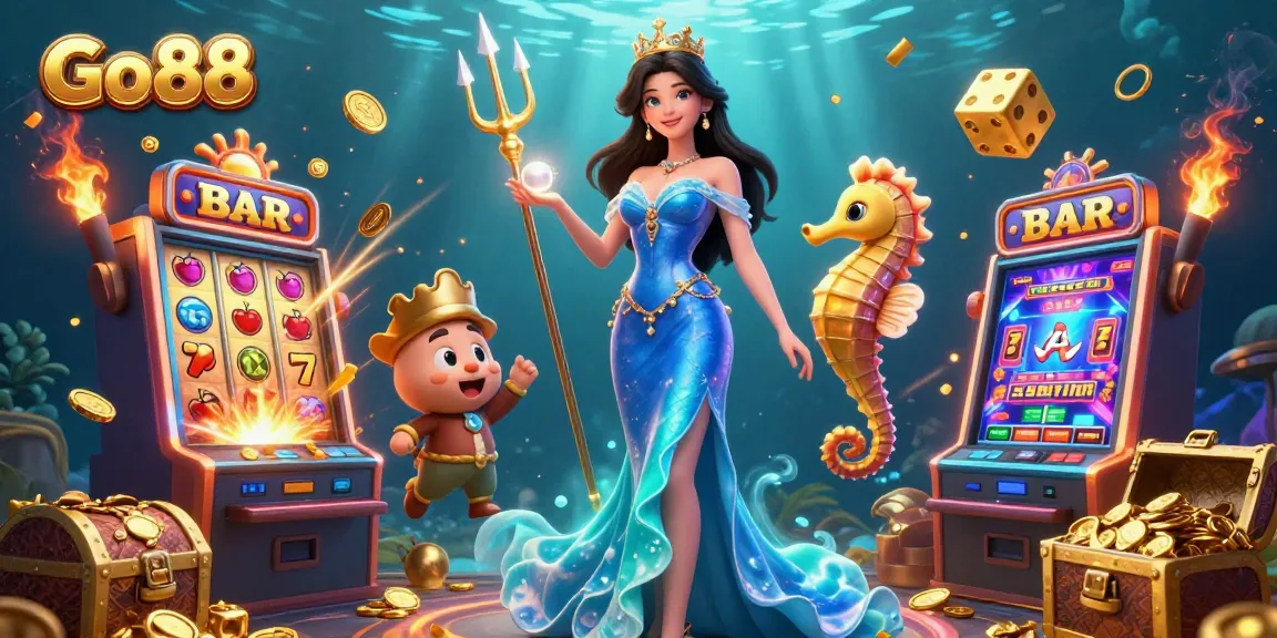 Engage with Go88 as a stunning woman in a sea-blue gown meets a seahorse king amidst a jackpot explosion.