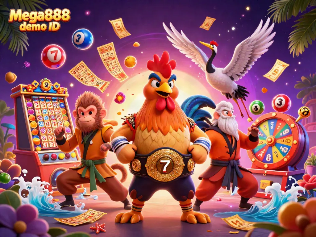 Experience the Mega888 demo ID with colorful gambling elements and dynamic characters in a vibrant casino scene.