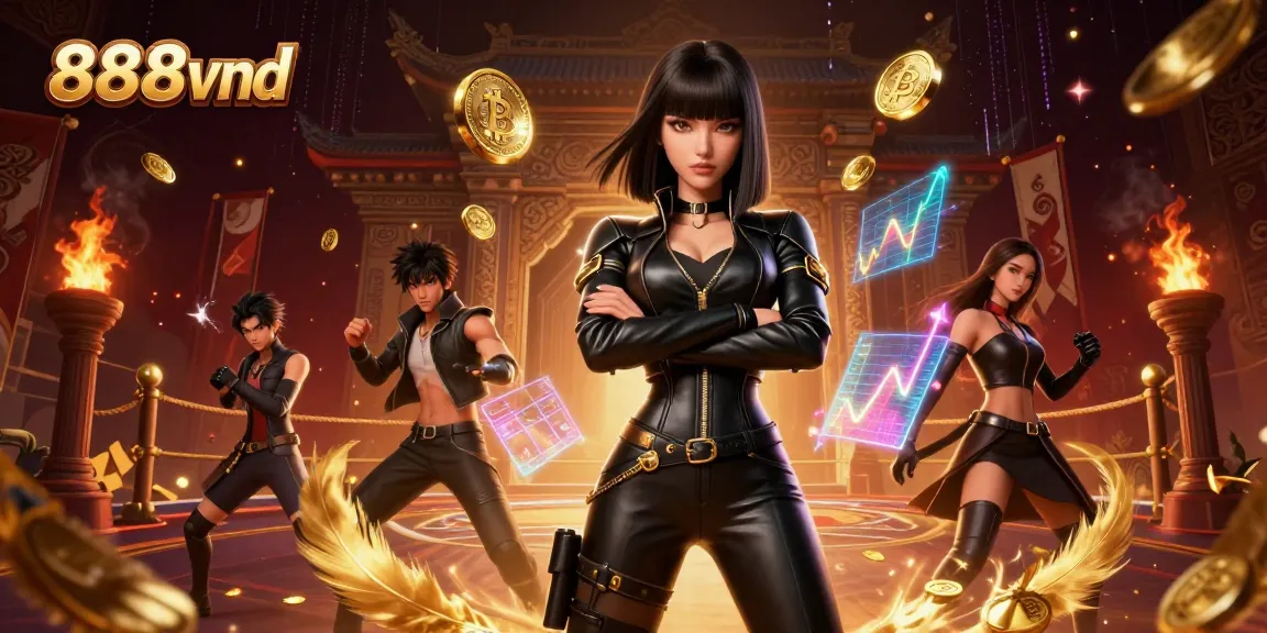 Experience thrilling gaming at 888vnd with a powerful character standing amidst gold coins.